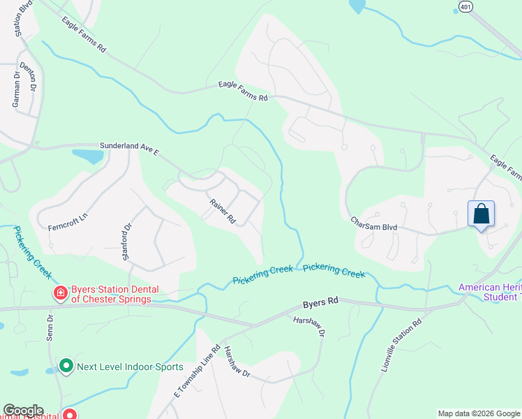 map of restaurants, bars, coffee shops, grocery stores, and more near 2552 Rainer Road in Chester Springs