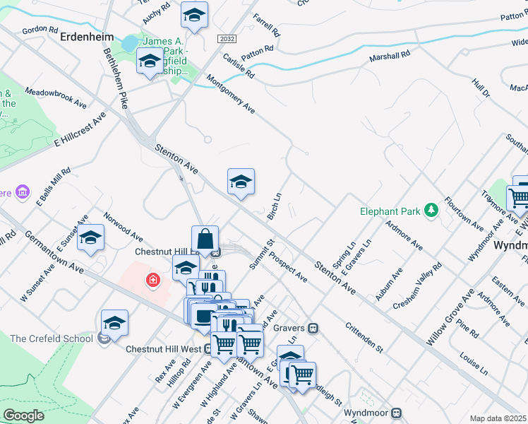 map of restaurants, bars, coffee shops, grocery stores, and more near 8765 Stenton Avenue in Wyndmoor