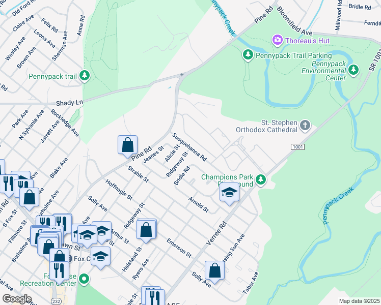 map of restaurants, bars, coffee shops, grocery stores, and more near 8543 Ridgeway Street in Philadelphia