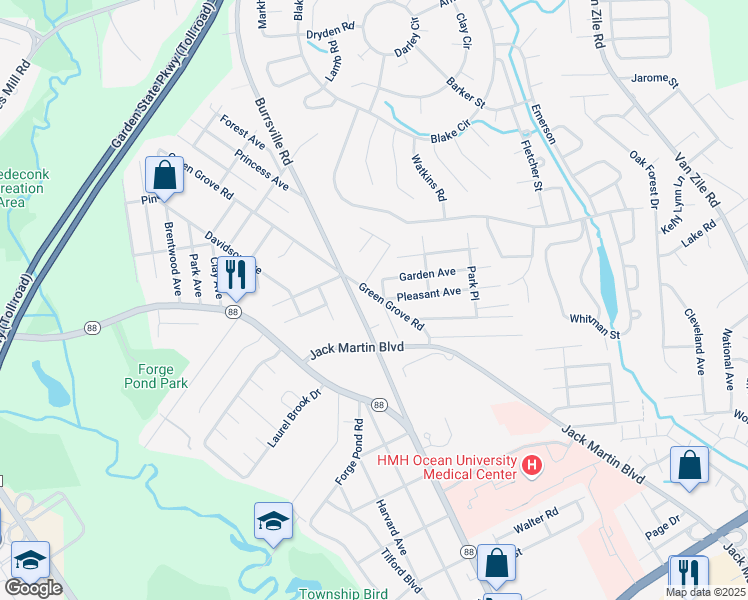 map of restaurants, bars, coffee shops, grocery stores, and more near 1578 Burrsville Road in Brick Township