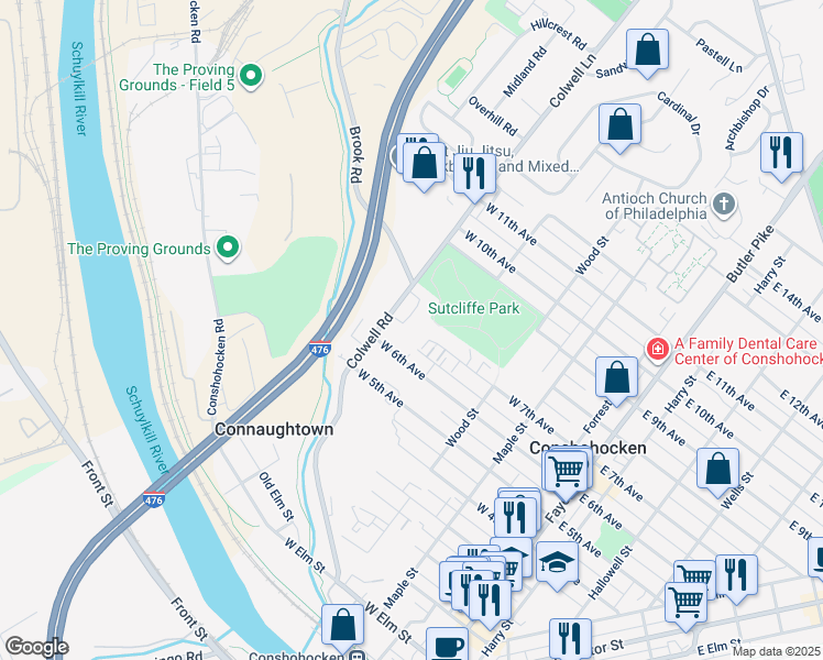 map of restaurants, bars, coffee shops, grocery stores, and more near 125 Sutcliffe Lane in Conshohocken