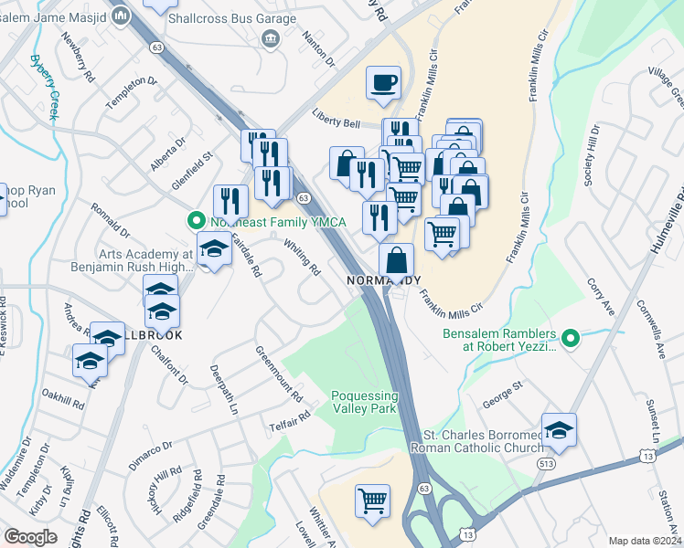 map of restaurants, bars, coffee shops, grocery stores, and more near 4200 Woodhaven Road in Philadelphia