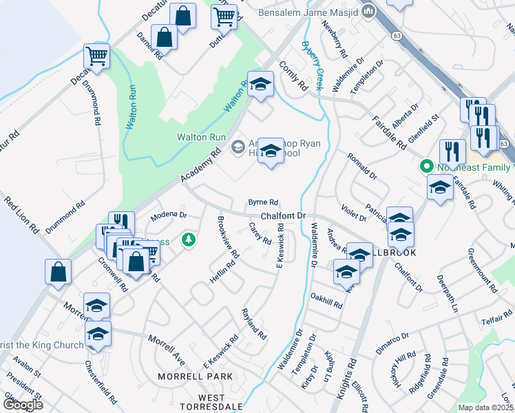 map of restaurants, bars, coffee shops, grocery stores, and more near 3520 Byrne Road in Philadelphia