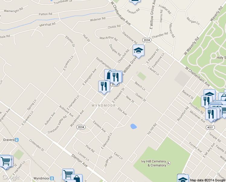 map of restaurants, bars, coffee shops, grocery stores, and more near 1002 East Willow Grove Avenue in Wyndmoor