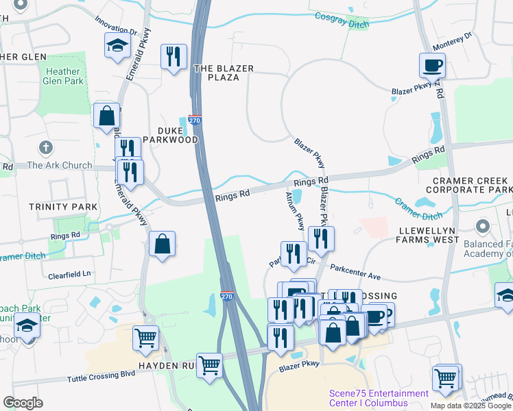 map of restaurants, bars, coffee shops, grocery stores, and more near 5475 Rings Road in Dublin