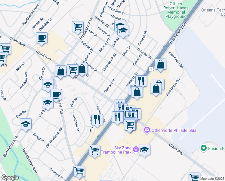 map of restaurants, bars, coffee shops, grocery stores, and more near 9526 Evans Street in Philadelphia