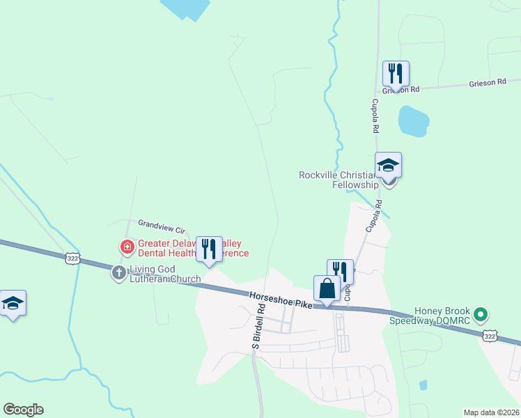 map of restaurants, bars, coffee shops, grocery stores, and more near 401 Birdell Road in Honey Brook