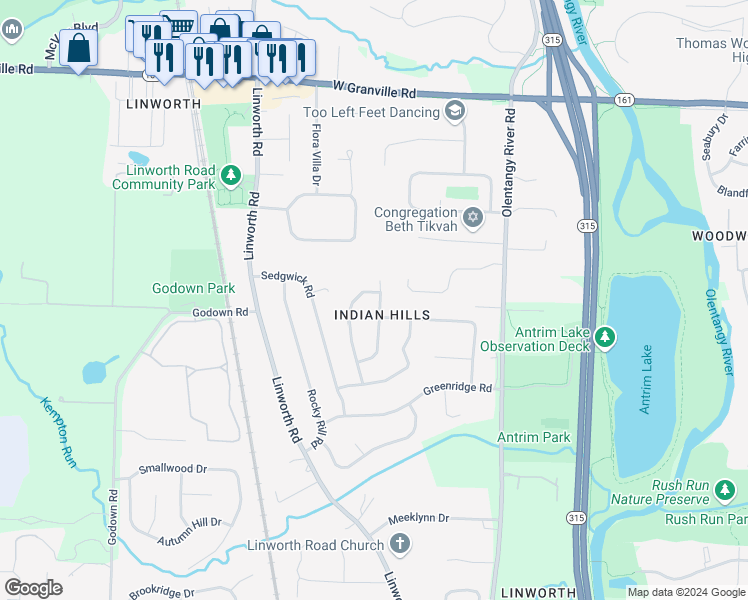 map of restaurants, bars, coffee shops, grocery stores, and more near 6037 Tulip Hill Road in Columbus
