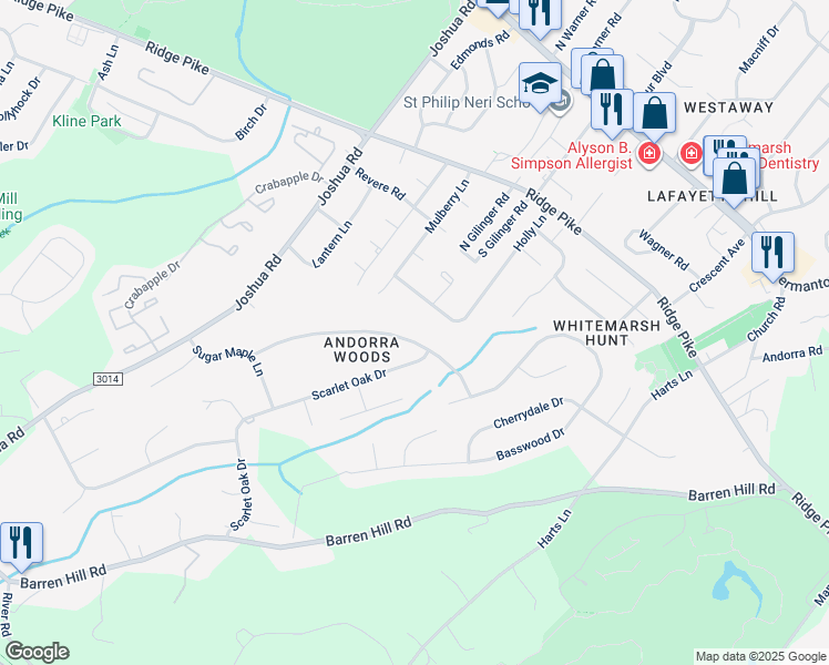 map of restaurants, bars, coffee shops, grocery stores, and more near 26 Pear Tree Lane in Lafayette Hill