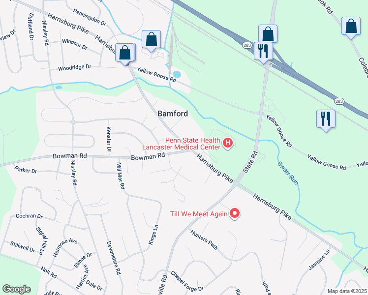 map of restaurants, bars, coffee shops, grocery stores, and more near 2901 Bowman Road in Lancaster
