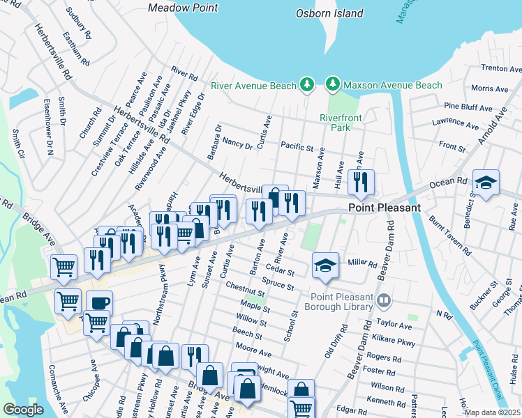 map of restaurants, bars, coffee shops, grocery stores, and more near 2604 Newark Avenue in Point Pleasant