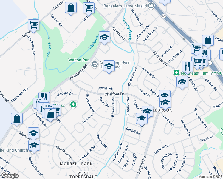 map of restaurants, bars, coffee shops, grocery stores, and more near 11012 East Keswick Road in Philadelphia