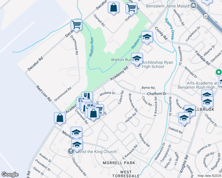 map of restaurants, bars, coffee shops, grocery stores, and more near 3409 Amity Road in Philadelphia
