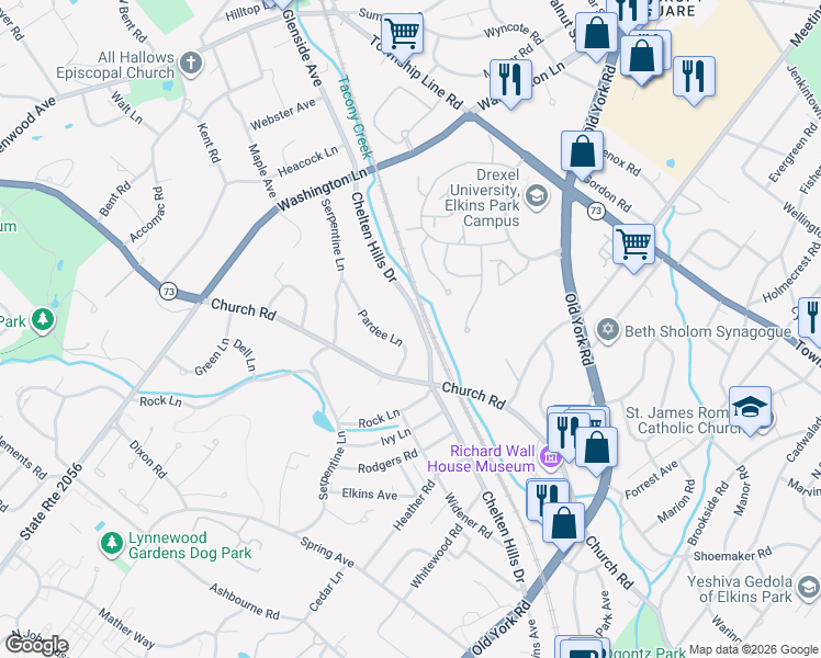 map of restaurants, bars, coffee shops, grocery stores, and more near 910 Chelten Hills Drive in Wyncote