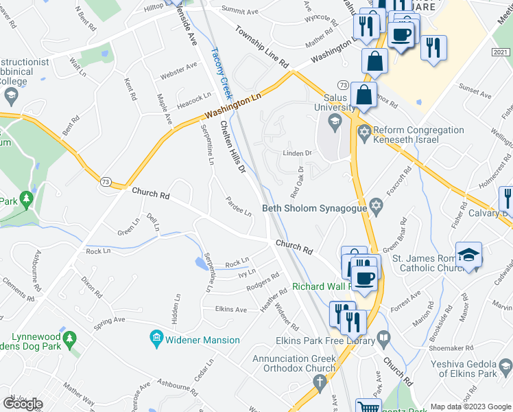 map of restaurants, bars, coffee shops, grocery stores, and more near 910 Chelten Hills Drive in Wyncote