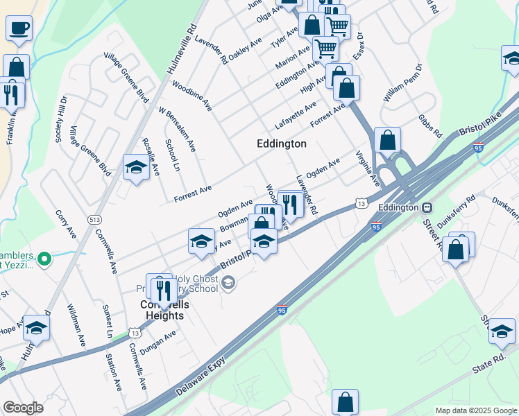map of restaurants, bars, coffee shops, grocery stores, and more near 2578 Bowman Avenue in Bensalem