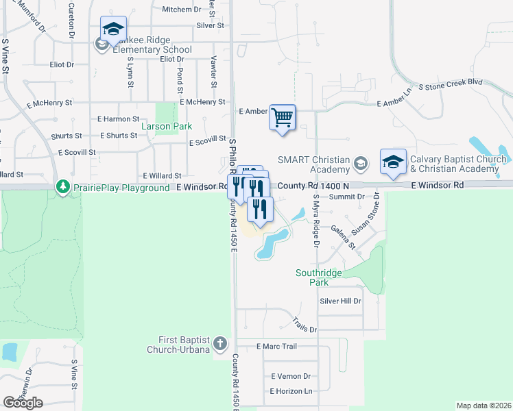 map of restaurants, bars, coffee shops, grocery stores, and more near 2740 South Philo Road in Urbana