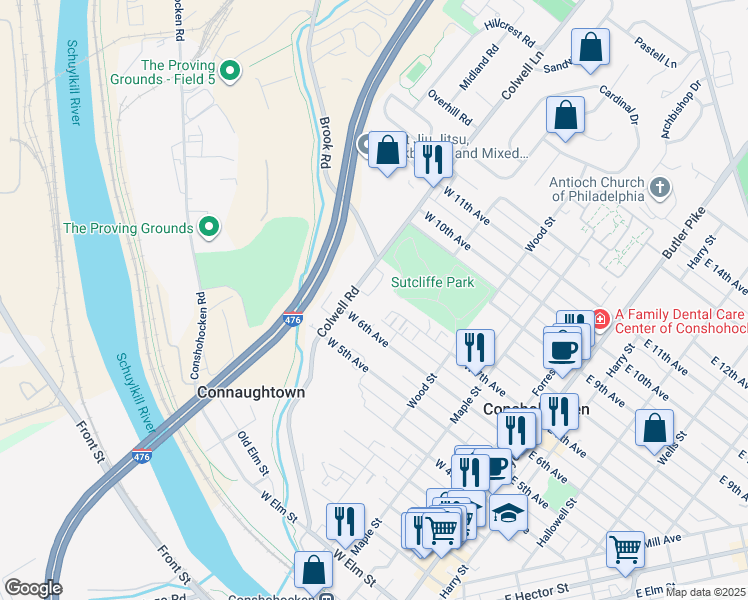 map of restaurants, bars, coffee shops, grocery stores, and more near 125 Sutcliffe Lane in Conshohocken