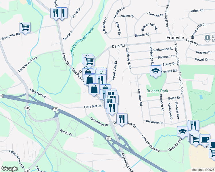 map of restaurants, bars, coffee shops, grocery stores, and more near 601 Royal View Drive in Lancaster