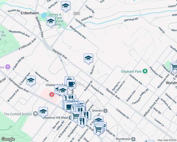 map of restaurants, bars, coffee shops, grocery stores, and more near 8765 Stenton Avenue in Wyndmoor