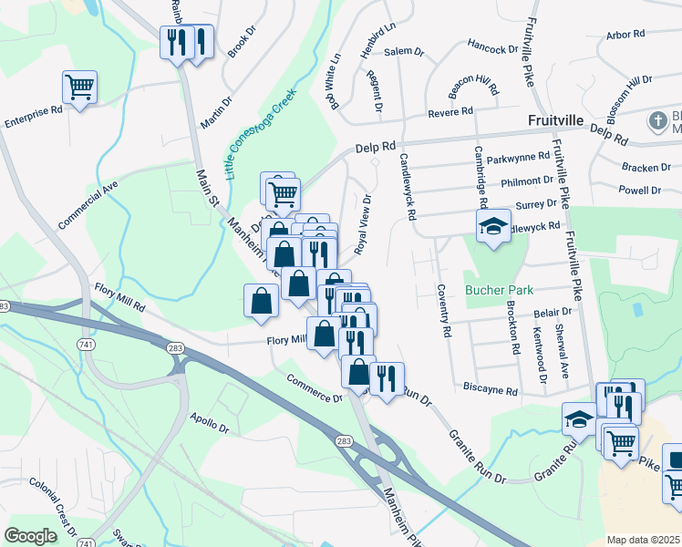 map of restaurants, bars, coffee shops, grocery stores, and more near 601 Royal View Drive in Lancaster