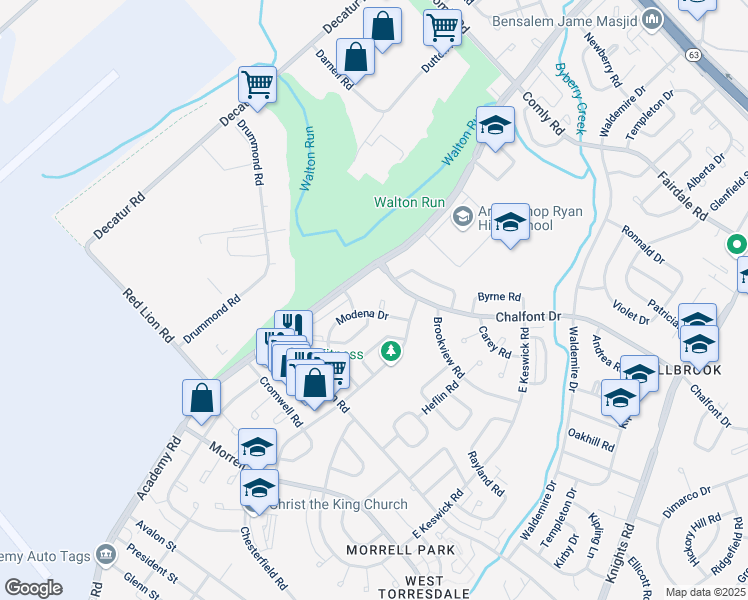 map of restaurants, bars, coffee shops, grocery stores, and more near 3409 Amity Road in Philadelphia