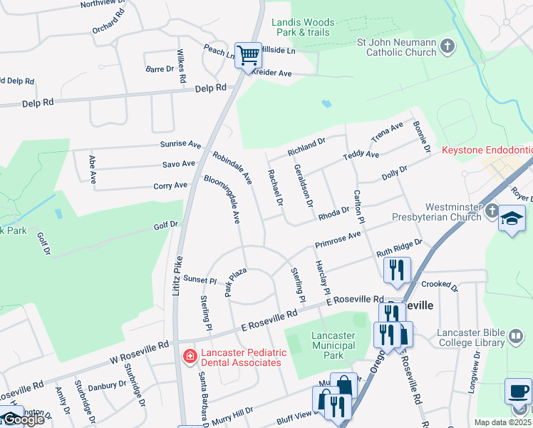 map of restaurants, bars, coffee shops, grocery stores, and more near 1919 Robindale Ave in Lancaster