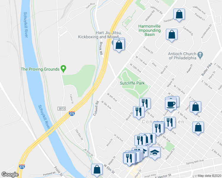 map of restaurants, bars, coffee shops, grocery stores, and more near 107 Sutcliffe Lane in Conshohocken