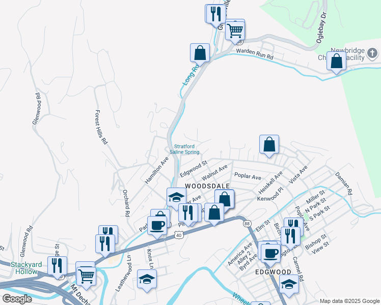 map of restaurants, bars, coffee shops, grocery stores, and more near 3 Stratford Drive in Wheeling
