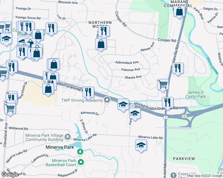 map of restaurants, bars, coffee shops, grocery stores, and more near 3081 Scenic Bluff Drive in Columbus