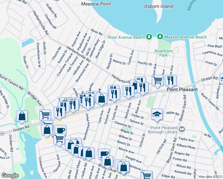 map of restaurants, bars, coffee shops, grocery stores, and more near 523 Boulton Avenue in Point Pleasant