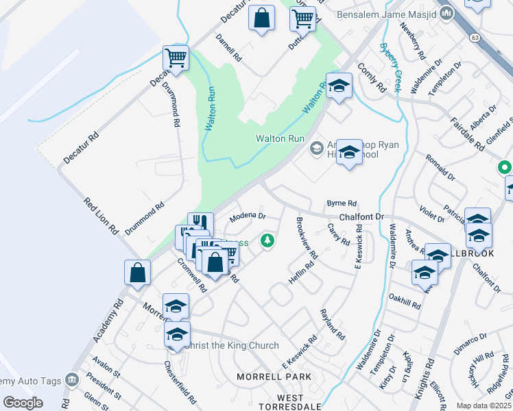map of restaurants, bars, coffee shops, grocery stores, and more near 3409 Amity Road in Philadelphia
