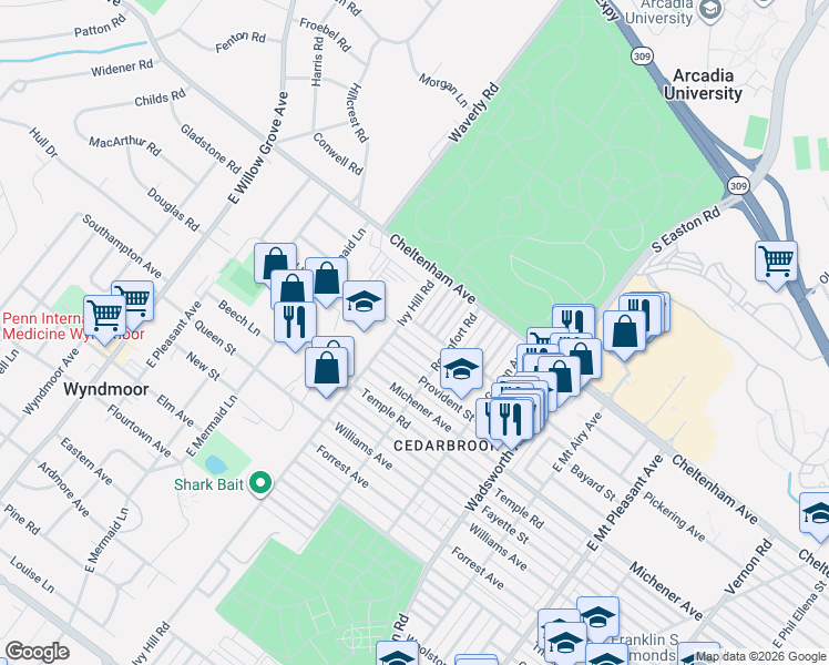 map of restaurants, bars, coffee shops, grocery stores, and more near 8636 Pickering Avenue in Philadelphia