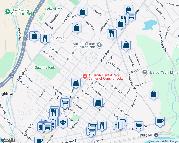 map of restaurants, bars, coffee shops, grocery stores, and more near 1148 Forrest Street in Conshohocken