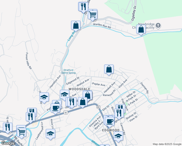 map of restaurants, bars, coffee shops, grocery stores, and more near 8 Woodlawn Court in Wheeling