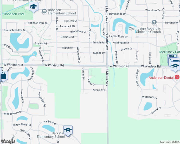 map of restaurants, bars, coffee shops, grocery stores, and more near 2404 Leeper Drive in Champaign