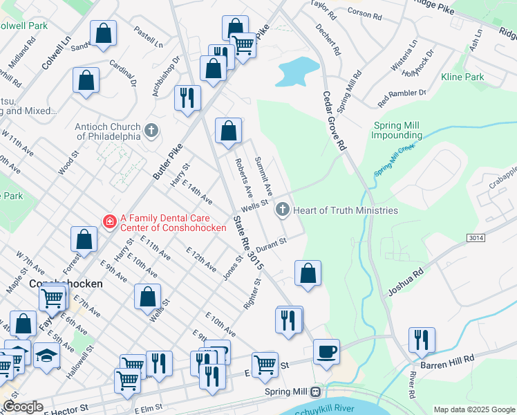 map of restaurants, bars, coffee shops, grocery stores, and more near 300 Roberts Avenue in Conshohocken