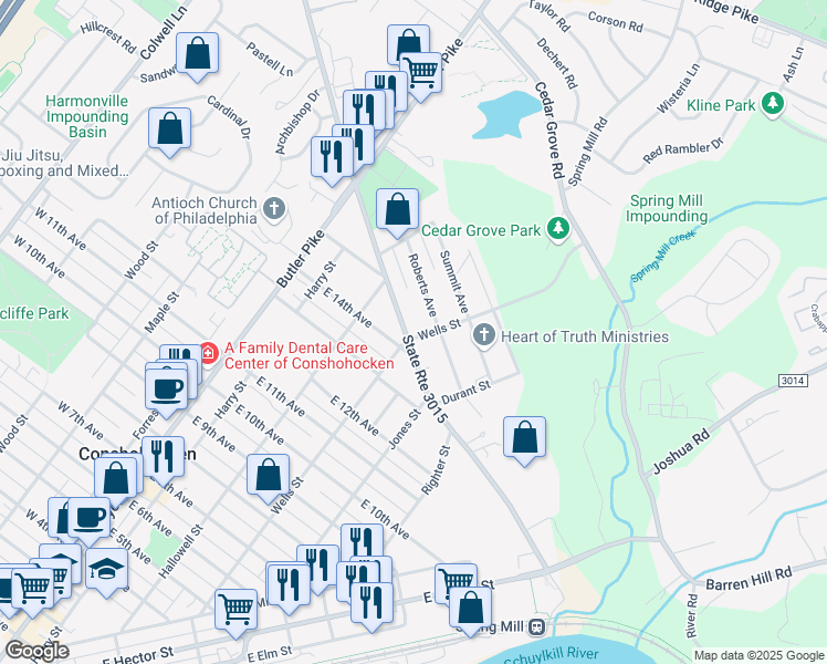 map of restaurants, bars, coffee shops, grocery stores, and more near 282 East North Lane in Conshohocken