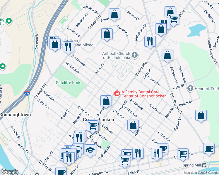 map of restaurants, bars, coffee shops, grocery stores, and more near in Conshohocken