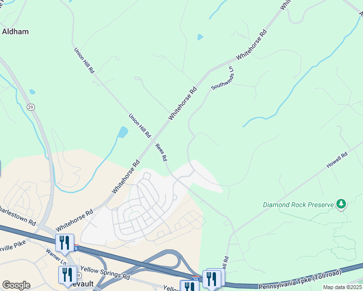 map of restaurants, bars, coffee shops, grocery stores, and more near 12 Great Woods Lane in Malvern