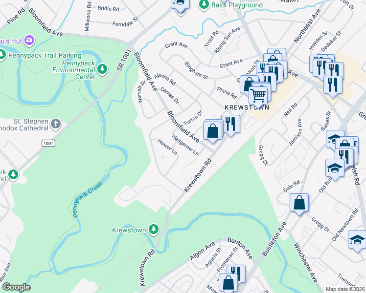 map of restaurants, bars, coffee shops, grocery stores, and more near 1118 Hedgerow Lane in Philadelphia