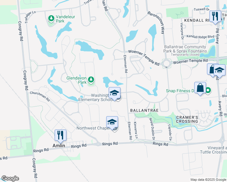 map of restaurants, bars, coffee shops, grocery stores, and more near 6724 Ballantrae Place in Dublin