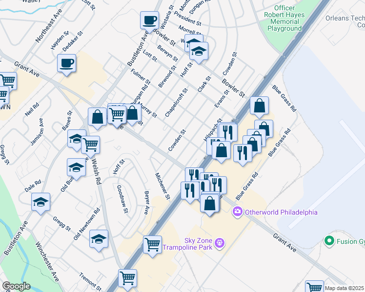 map of restaurants, bars, coffee shops, grocery stores, and more near 9527 Cowden Street in Philadelphia
