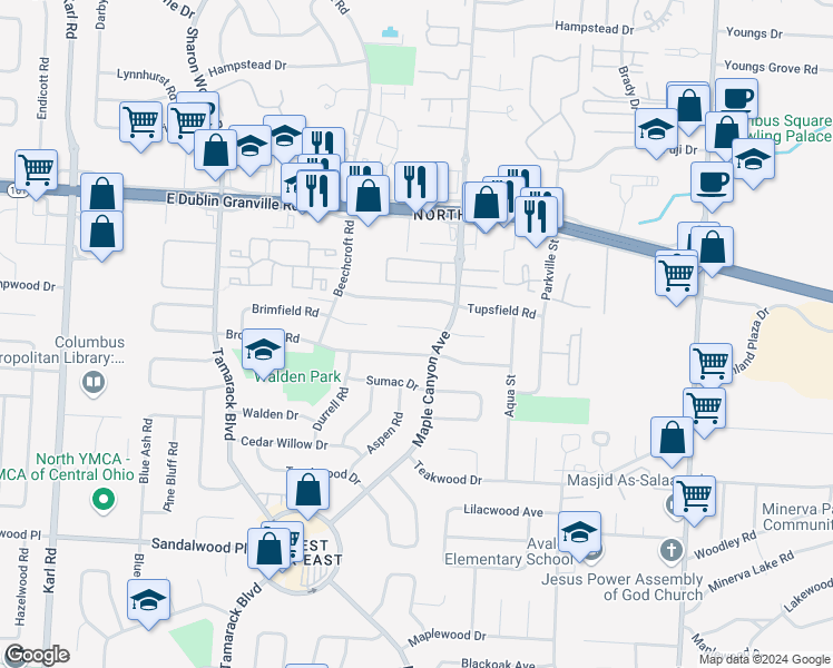 map of restaurants, bars, coffee shops, grocery stores, and more near 2065 Shawbury Court West in Columbus