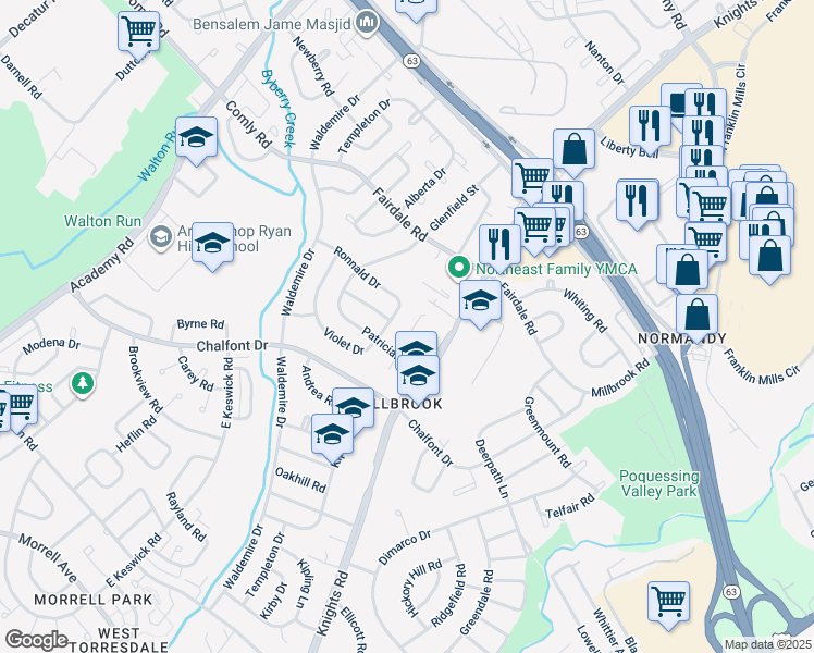 map of restaurants, bars, coffee shops, grocery stores, and more near 3972 Lancelot Place in Philadelphia
