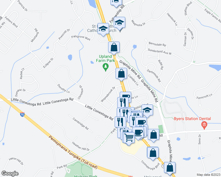 map of restaurants, bars, coffee shops, grocery stores, and more near 310 Waynebrook Drive in Chester Springs