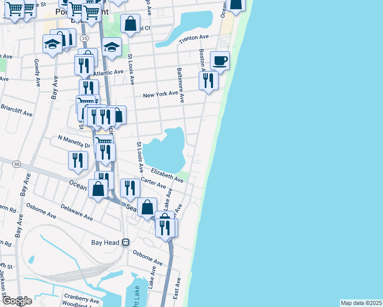 map of restaurants, bars, coffee shops, grocery stores, and more near 1404 North Ocean Avenue in Point Pleasant Beach