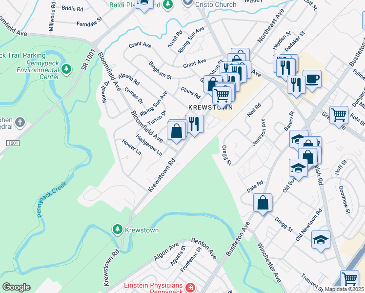 map of restaurants, bars, coffee shops, grocery stores, and more near 8960 Krewstown Road in Philadelphia