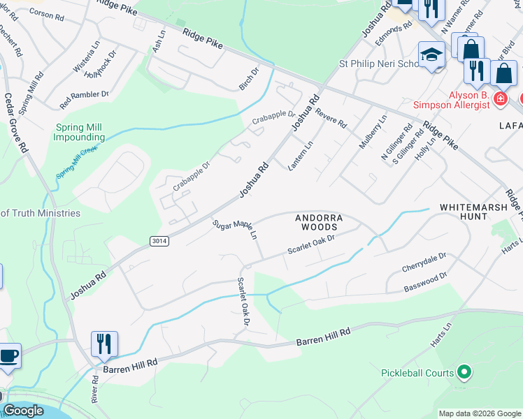 map of restaurants, bars, coffee shops, grocery stores, and more near 4 Pear Tree Ln in Lafayette Hill