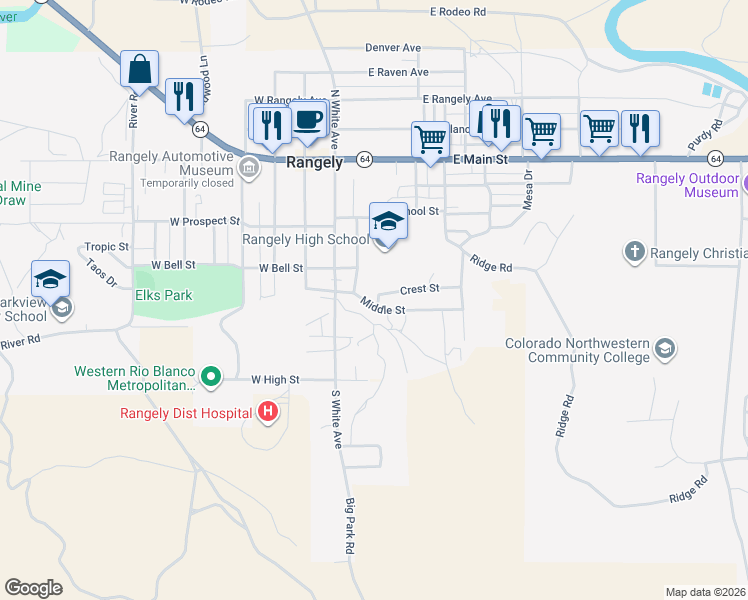 map of restaurants, bars, coffee shops, grocery stores, and more near 220 Jeep Street in Rangely